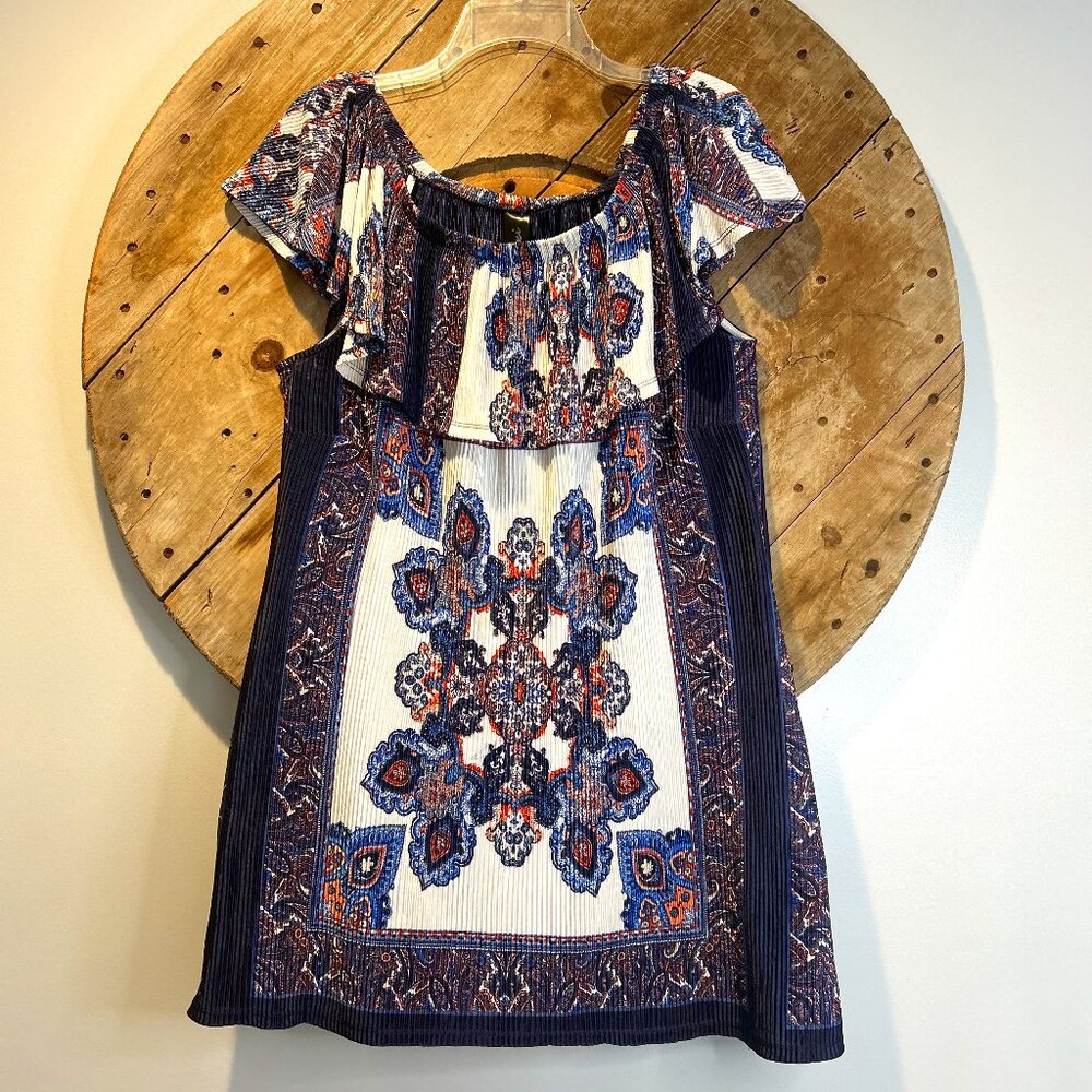 Trixxi Persian Pattern Midi off shoulder stretchy blue white pink color dress -M